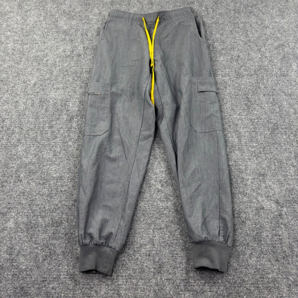 Reina Scrub Jogger‎ Pants XS Grey Yellow Drawstring Cargo Pockets Mens